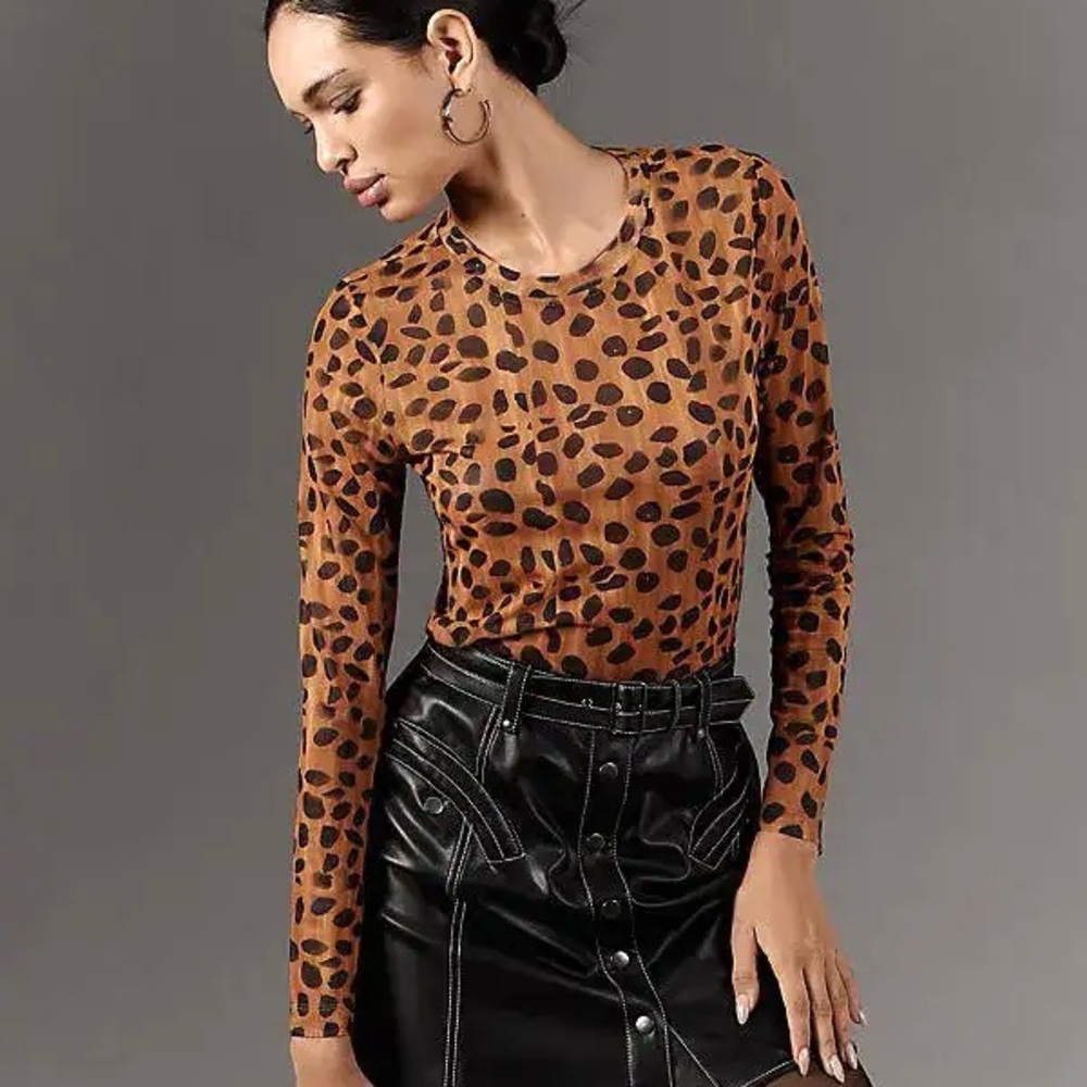 Anthropologie Porridge Kona Mock-Neck Top Women’s Size M Semi Sheer Mesh Leopard